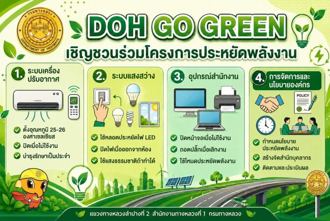 DOH GO GREEN 2569ส่งเสริมการอนุรักษ์พลังงาน การใช้ทรัพยากรอย่างคุ้มค่า การบริหารจัดการสิ่งแวดล้อมอย่างยั่งยืน และการสร้างการม